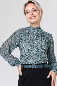 Трикотажная пыльно-бирюзовая блузка с объёмными рукавами из шифона Rise