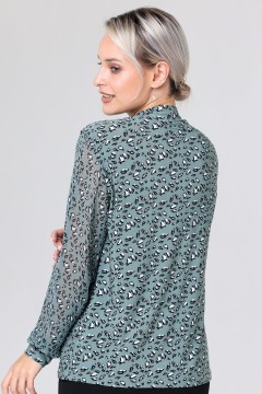Трикотажная пыльно-бирюзовая блузка с объёмными рукавами из шифона Rise(фото3)