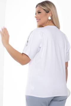 Белая блузка со вставками из гипюра и декоративной молнией Lady Taiga(фото4)