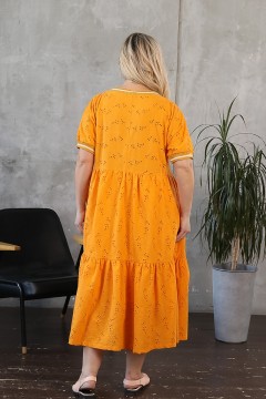 Платье свободное горчичного цвета из хлопка с вышивкой Wisell(фото4)