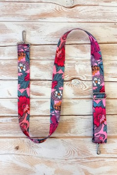 Ремень-стропа для сумки цветная с 2 карабинами розовая с красным цветком Chica rica