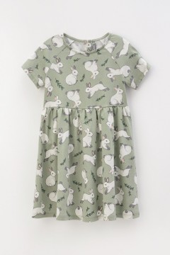 Зелёное платье принтом для девочки КР 5794/оливковый хаки,нежные зайчики к437 платье Crockid(фото4)