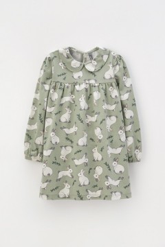 Зелёное платье принтом для девочки КР 5834/оливковый хаки,нежные зайчики к437 платье Crockid(фото4)