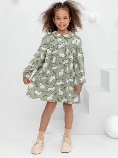 Зелёное платье принтом для девочки КР 5834/оливковый хаки,нежные зайчики к437 платье Crockid