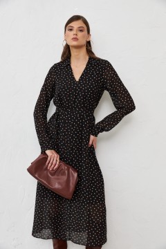 Чёрное шифоновое платье в коричневый горошек Cloxy(фото2)