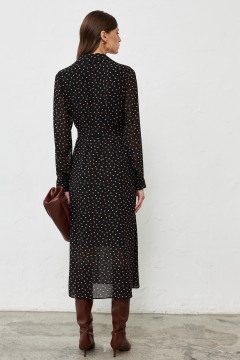 Чёрное шифоновое платье в коричневый горошек Cloxy(фото4)