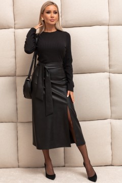 Комбинированное платье чёрное с юбкой из экокожи Хлоя №1 Valentina
