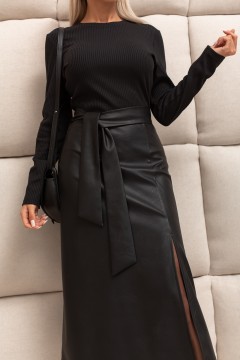 Комбинированное платье чёрное с юбкой из экокожи Хлоя №1 Valentina(фото3)