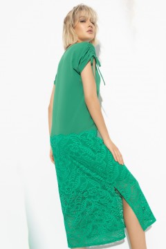 Длинное зелёное платье с кружевной юбкой и разрезом Charutti(фото4)