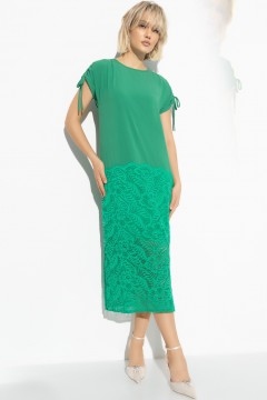 Длинное зелёное платье с кружевной юбкой и разрезом Charutti