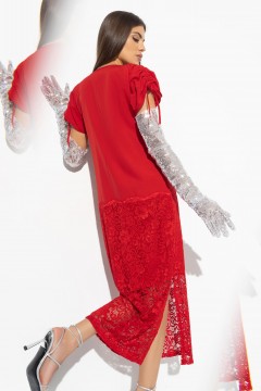 Длинное красное платье с кружевной юбкой и разрезом Charutti(фото4)