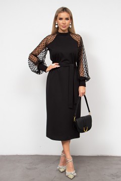 Трикотажное чёрное платье с рукавами из сетки Бруна №3 Valentina(фото3)