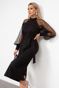 Трикотажное чёрное платье с рукавами из сетки Бруна №3 Valentina(фото2)