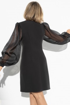 Короткое чёрное платье на запах с драпировкой и объёмными рукавами из органзы Charutti(фото4)