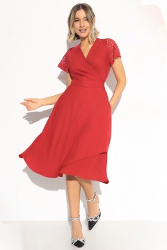 Красное платье с короткими кружевными рукавами на запах Charutti(фото2)
