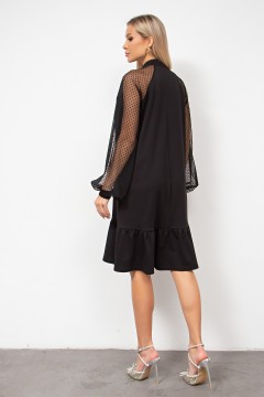Трикотажное чёрное платье с рукавами из сетки в горошек Антония №1 Valentina(фото4)