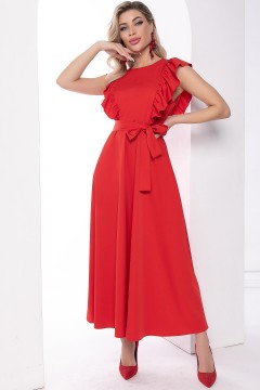 Красное длинное платье с поясом и воланами Lady Taiga