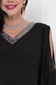 Чёрное платье с рукавами из шифона с разрезами Bellovera(фото3)