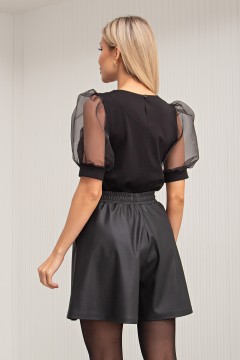 Чёрная трикотажная блузка с рукавами-фонарики из органзы Эвели №1 Valentina(фото3)