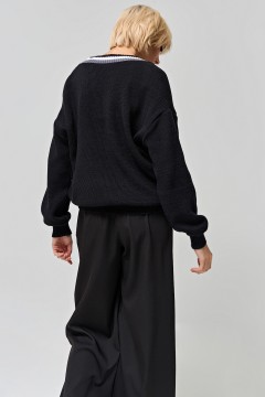 Пуловер вязаный оверсайз со спущенным плечом из хлопка в цвете чёрный меланж Fly(фото3)