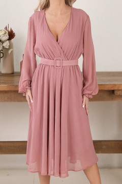 Розовое платье из шифона с поясом Wisell(фото3)