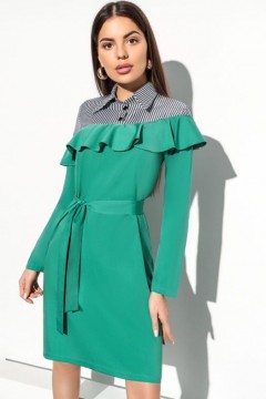Зелёное комбинированное платье с притачным воланом Charutti