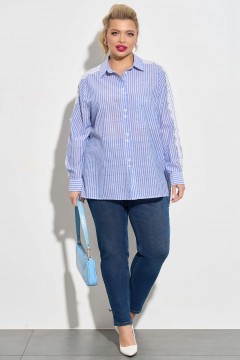 Синяя льняная рубашка в полоску с кружевом Dora(фото2)