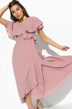 Розовое платье с оборками и поясом Charutti