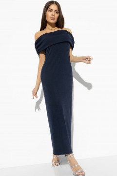 Тёмно-синее длинное платье в рубчик с открытыми плечами Charutti