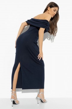 Тёмно-синее длинное платье в рубчик с открытыми плечами Charutti(фото4)