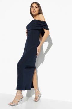 Тёмно-синее длинное платье в рубчик с открытыми плечами Charutti(фото2)