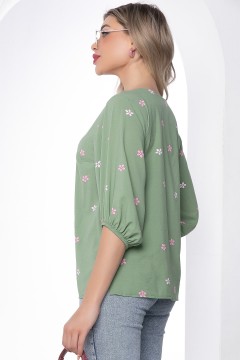 Оливковая блузка с цветочным принтом Lady Taiga(фото4)