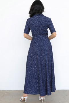 Длинное тёмно-синее платье-рубашка в горошек Modellos(фото4)