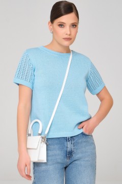 Голубая футболка вязаная с ажурными рукавами Priz