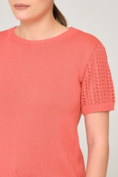 Коралловая футболка вязаная с ажурными рукавами Priz(фото3)