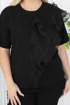 Блузка трикотажная чёрная с широкой оборкой Wisell(фото3)