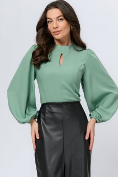 Блуза фисташкового цвета с длинными рукавами и разрезом на груди 1001 dress