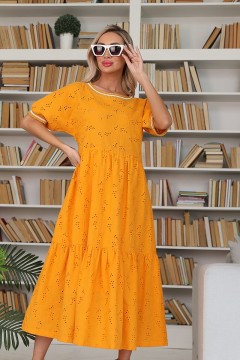 Платье свободное горчичного цвета из хлопка с вышивкой Wisell(фото2)