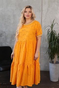 Платье свободное горчичного цвета из хлопка с вышивкой Wisell(фото2)