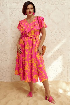 Платье миди розовое с оборками Aquarel