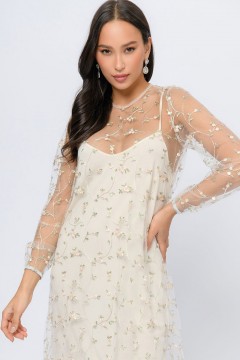 Платье бежевого цвета с цветочной вышивкой 1001 dress(фото3)