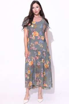 Платье длинное из шифона оливковое с цветочным принтом Elza(фото2)