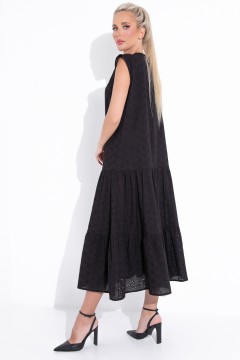 Платье длинное чёрное из хлопка-шитьё на пуговицах Elza(фото3)