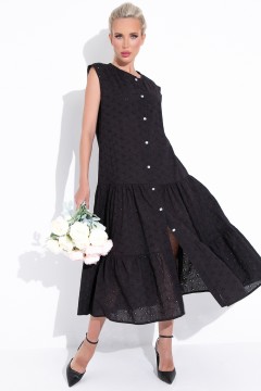Платье длинное чёрное из хлопка-шитьё на пуговицах Elza(фото2)