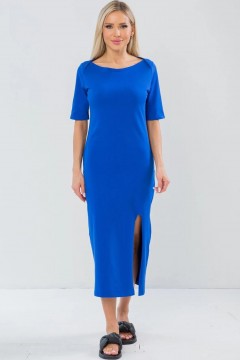 Платье длинное трикотажное синего цвета с разрезом