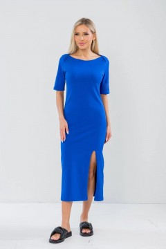 Платье длинное трикотажное синего цвета с разрезом Ajour(фото2)