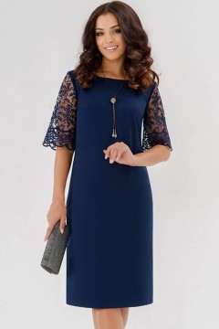Платье-футляр синее с рукавами из кружева Serenada