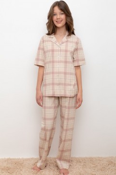 Пижама бежевая в клетку для девочек КБ 2829/бежевый,текстильная клетка пижама Cubby