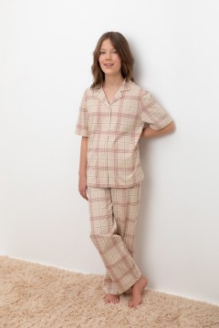 Пижама бежевая в клетку для девочек КБ 2829/бежевый,текстильная клетка пижама Cubby(фото2)