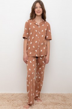 Пижама для девочек кофейного цвета с принтом КБ 2829/кофейный мусс,белый кролик пижама